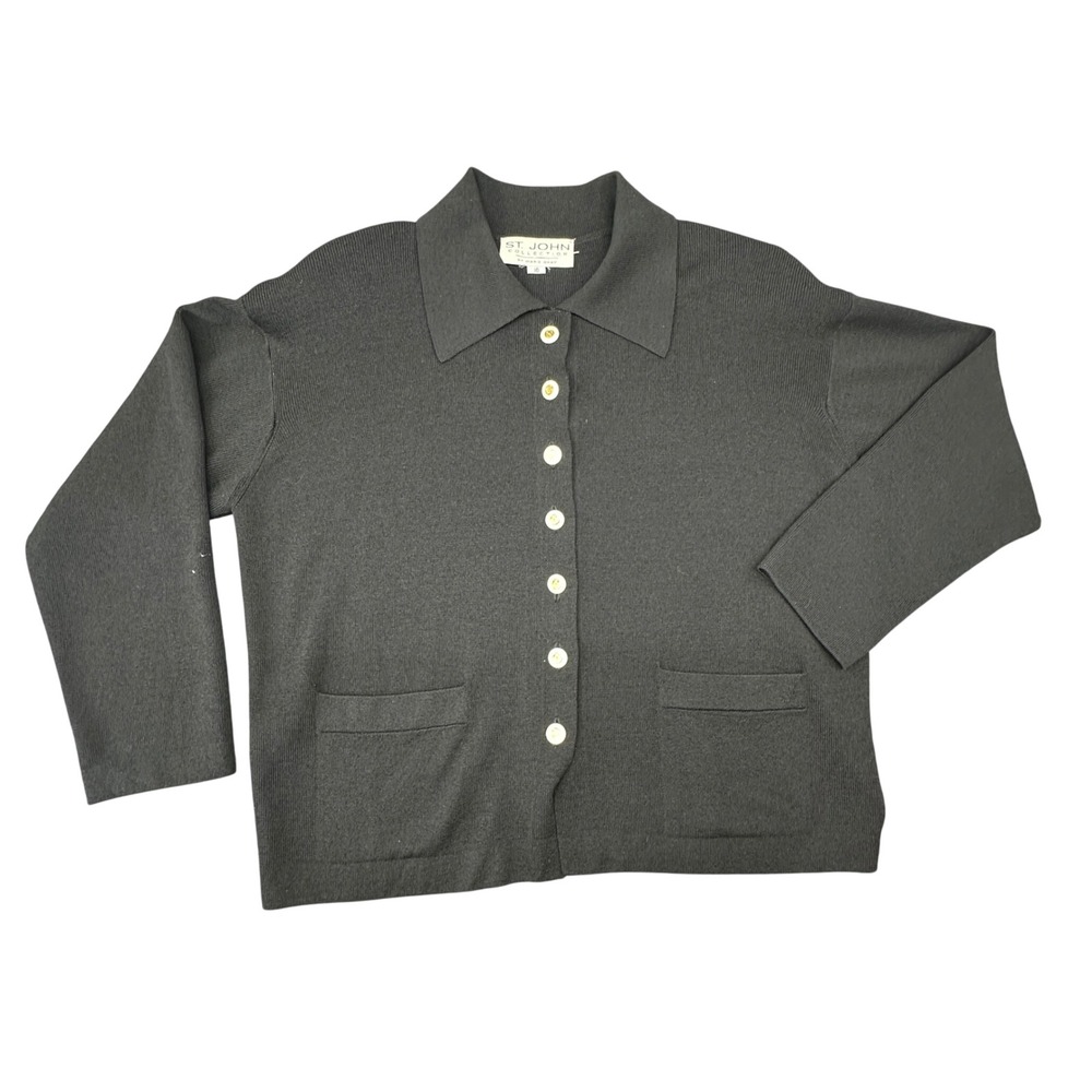 ST JOHN COLLECTION by Marie Gray Black‎ Collared Button Front Cardigan Knit 10